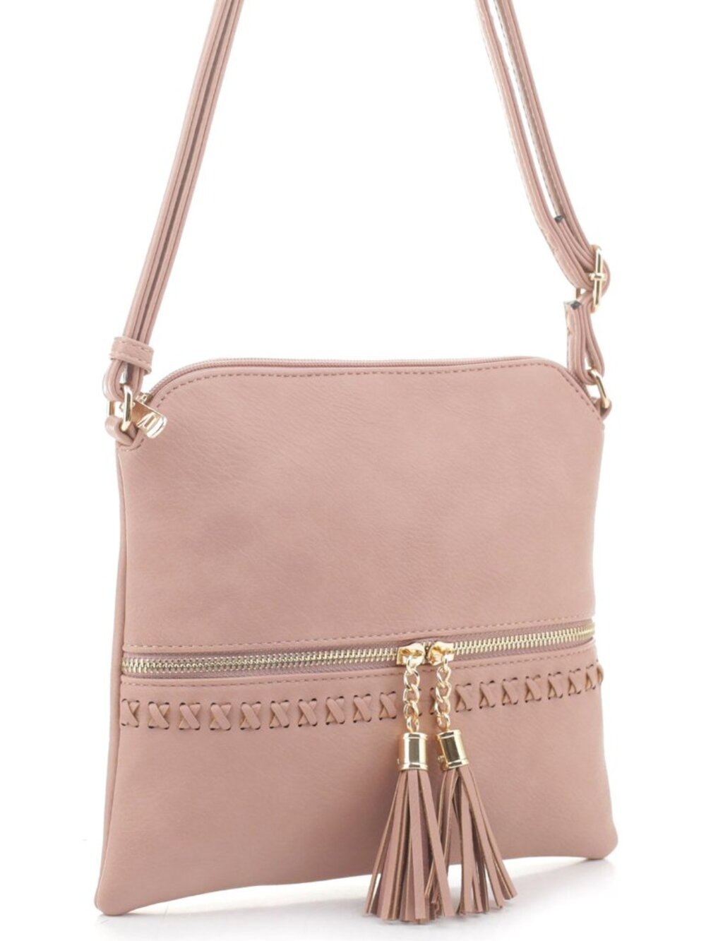 Whipstitch Tassel Zipper Crossbody Bag - Pink